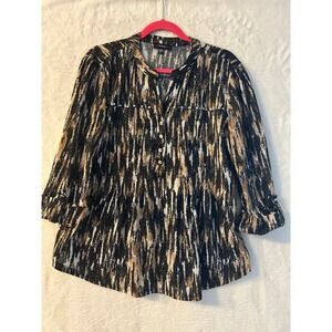 Cocomo Womens XL Abstract Ikat Metallic Blouse 3/4 Roll Tab Sleeve Black Tan